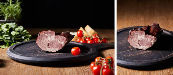 Collage of tasty ham on board near parsley, cherry tomatoes and baguette on wooden table isolated on black — Stock Photo