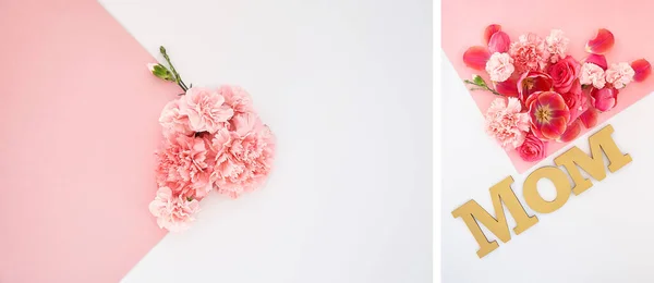 Колаж з квітів і маминого малювання на рожево-білому тлі — стокове фото