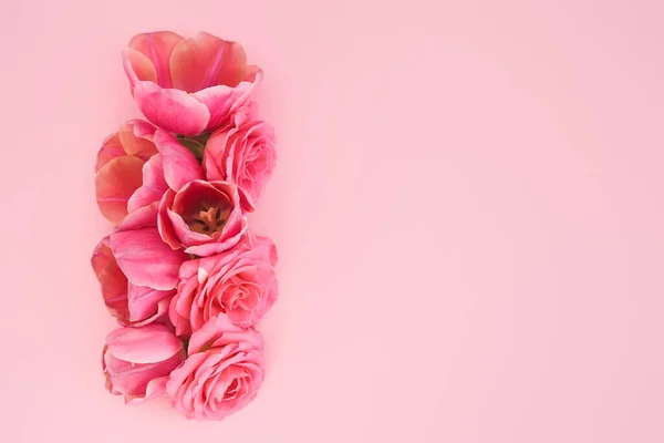 Vista superior de rosas rosadas y brotes de tulipanes sobre fondo rosa con espacio para copiar - foto de stock