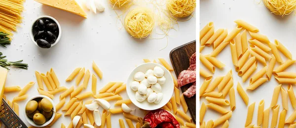 Collage of pasta with ingredients on white background, panoramic shot — Stock Photo
