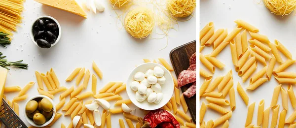 Colagem de macarrão com ingredientes sobre fundo branco, tiro panorâmico — Fotografia de Stock