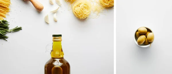 Collage of bottle of olive oil, pasta, garlic, rosemary and bowl with olives on white background, panoramic shot — Stock Photo