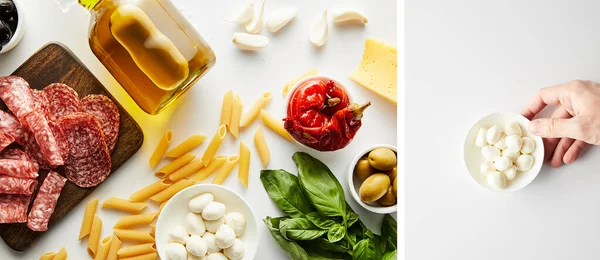 Collage of male hand with bowl with mozzarella and bottle of olive oil with meat platter and ingredients on white, panoramic shot — Stock Photo