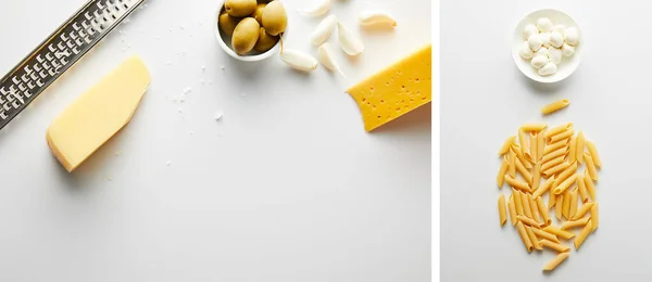 Collage of grater, cheese and garlic near bowl with olives and pasta near bowl with mozzarella on white, panoramic shot — Stock Photo