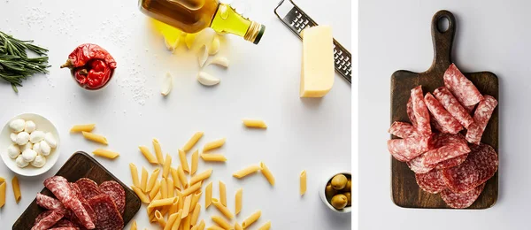 Collage di bottiglia di olio, grattugia, pasta e ingredienti con piatto di carne su fondo bianco, colpo panoramico — Foto stock