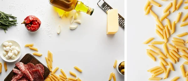 Collage of bottle of olive oil, meat platter, grater, pasta and ingredients on white background, panoramic shot — Stock Photo