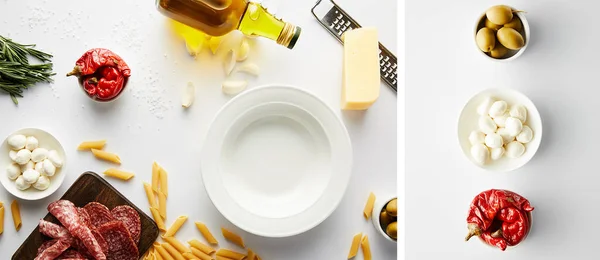 Collage di piatto, bottiglia di olio d'oliva, piatto di carne, grattugia, pasta e ciotole con ingredienti su colpo bianco, panoramico — Foto stock