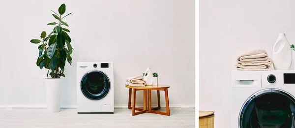 Collage de plantes vertes près des machines à laver modernes, table basse avec serviettes et bouteilles de détergent dans la salle de bain — Photo de stock
