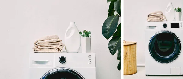 Collage de botellas de detergente y toallas en lavadoras cerca de la cesta de la ropa y plantas verdes en el baño - foto de stock