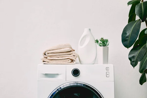 Botella de detergente y toallas en la lavadora y planta verde en el baño - foto de stock