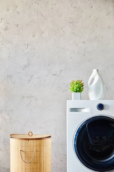 Panier à linge près de la plante et bouteille de détergent sur machine à laver blanche dans la salle de bain moderne — Photo de stock