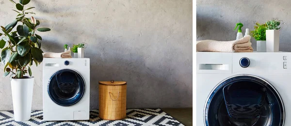 Коллаж бутылок, растений и полотенец на стиральных машинах возле корзины для белья и декоративного ковра в современной ванной комнате — стоковое фото