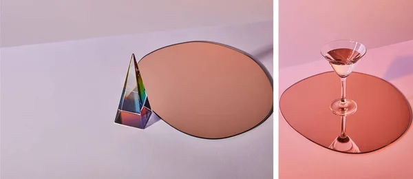 Collage of cocktail glass with liquid on mirror with reflection and pyramid with circle — Stock Photo