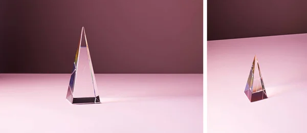 Collage of crystal transparent pyramid with light reflection on pink background — Stock Photo