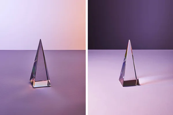 Colagem de pirâmide transparente de cristal com reflexão de luz sobre fundo violeta e roxo — Fotografia de Stock