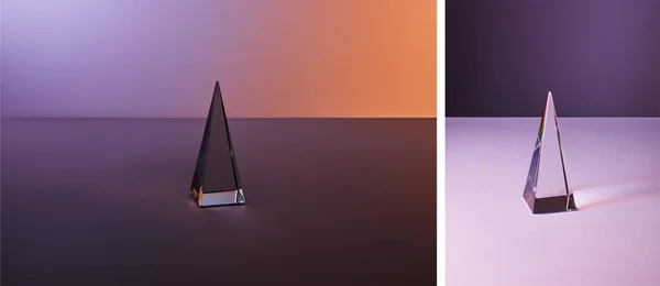 Collage of crystal transparent pyramid with light reflection on violet and purple background — Stock Photo