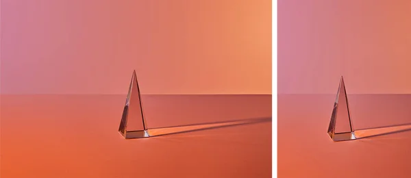 Collage aus transparenter Kristallpyramide mit Lichtreflexion auf orangefarbenem Hintergrund — Stockfoto