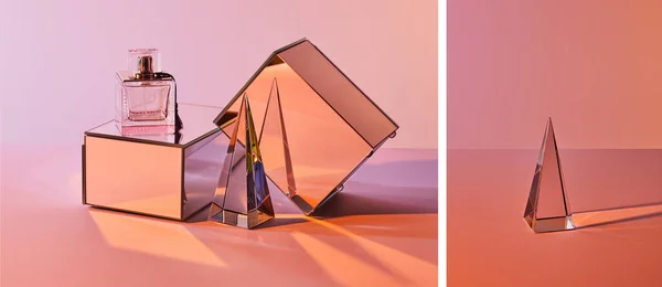 Collage of crystal transparent pyramid and perfume bottle with mirror cubes on pink background — Stock Photo