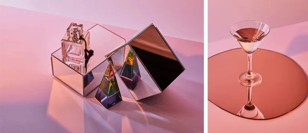 Collage aus Kristallpyramide in der Nähe von Parfümflaschen auf Würfeln und Cocktailglas auf rundem Spiegel auf rosa Hintergrund — Stockfoto