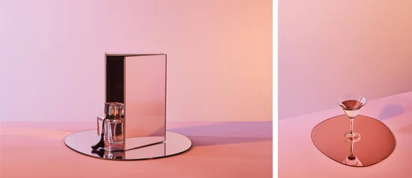 Коллаж парфюмерной бутылки на круглом зеркале с кубиком и коктейльным бокалом на круге на розовом фоне — стоковое фото