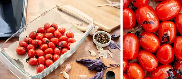 Collage of baking dish with tomatoes, basil leaves and garlic on cutting boards near bowl with pepper on wooden background, panoramic shot — Stock Photo