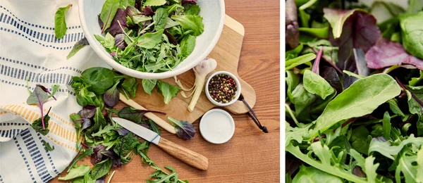 Collage of bowls with pepper, salt and salad ingredients on cutting board with knife and napkin on wooden background — Stock Photo