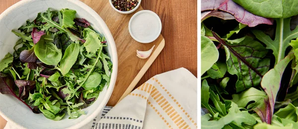 Collage aus Knoblauch und Schalen mit Pfeffer, Salz und Zutaten auf Schneidebrett neben Serviette auf Holzgrund — Stockfoto