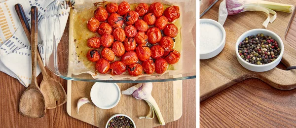 Collage di pomodori cotti in teglia, aglio e ciotole con pepe e sale sul tagliere vicino a spatole e tovagliolo su fondo di legno — Foto stock