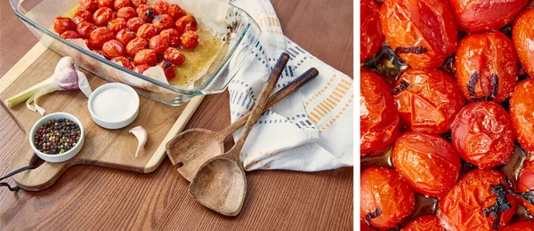 Collage de ingredientes sobre tabla de cortar con espátulas y servilleta sobre fondo de madera, plano panorámico - foto de stock