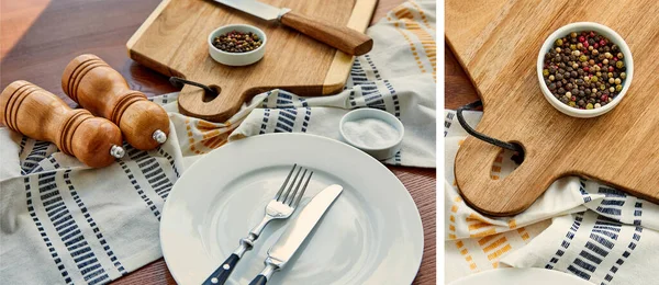 Collage de placa con tenedor y cuchillo cerca de servilleta, tabla de cortar, cuencos, molinos de pimienta y sal sobre fondo de madera, plano panorámico - foto de stock