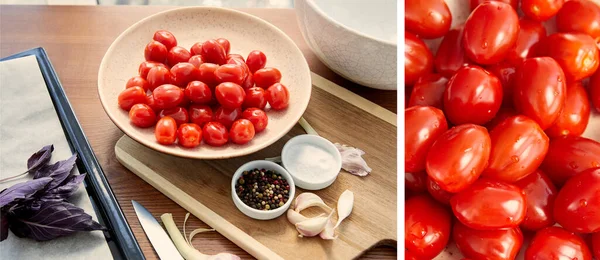 Collage of plate with tomatoes on cutting board near oven tray with ingredients on table, panoramic shot — Stock Photo