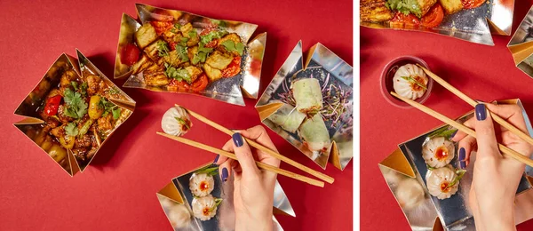 Collage einer Frau, die Essstäbchen mit gedämpften Brötchen in der Nähe von leckerem chinesischem Essen in Take-Away-Boxen auf Rot hält — Stockfoto