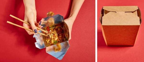 Collage of woman holding wooden chopsticks near tasty noodles and carton box on red — Stock Photo