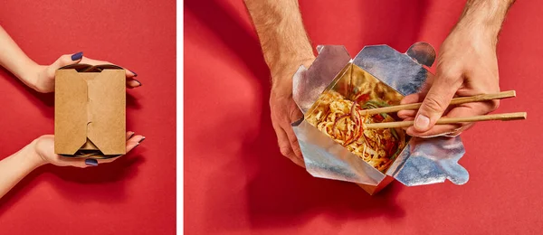 Collage of man holding chopsticks near tasty noodles and woman touching carton box on red — Stock Photo