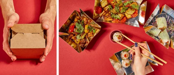 Collage de hombre tocando caja de cartón para llevar y mujer sosteniendo palillos con bollo al vapor cerca y comida china preparada en rojo - foto de stock