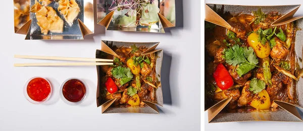 Colagem de molhos e pauzinhos perto de caixas takeaway com comida chinesa preparada em branco — Fotografia de Stock