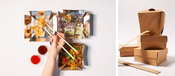 Collage di donna che tiene le bacchette vicino al cibo cinese preparato e scatole da asporto in cartone su bianco — Foto stock