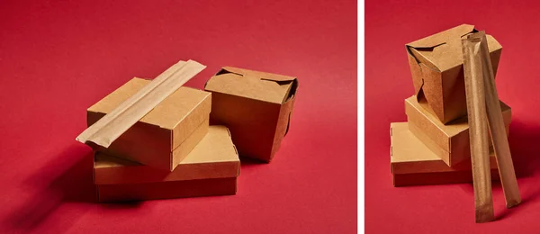 Collage of chopsticks in paper packaging near takeaway carton boxes with traditional chinese food on red — Stock Photo