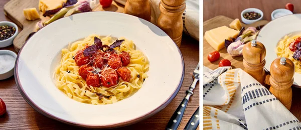 Коллаж вкусной пасты с помидорами, базиликом и пармезаном подается на деревянном столе при солнечном свете — стоковое фото