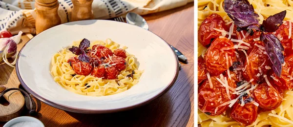 Collage de délicieuses pâtes aux tomates servies sur une table en bois au soleil — Photo de stock