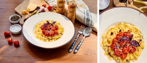 Collage de délicieuses pâtes aux tomates servies sur table en bois avec couverts, serviette, assaisonnement et ingrédients au soleil — Photo de stock