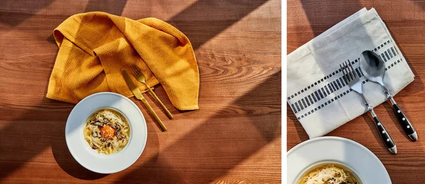 Collage di deliziosa pasta carbonara servita con posate e tovagliolo sul tavolo in legno alla luce del sole — Foto stock