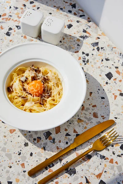 Deliziosa pasta alla carbonara servita con posate dorate, sale e pepe agitatori sul tavolo di pietra alla luce del sole — Foto stock