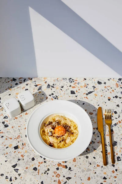 Deliziosa pasta alla carbonara servita con posate dorate, sale e pepe agitatori sul tavolo di pietra alla luce del sole — Foto stock