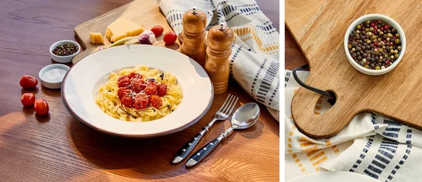 Collage de délicieuses pâtes aux tomates servies sur table en bois avec couverts, serviette, assaisonnement et ingrédients au soleil près du poivre noir à bord — Photo de stock