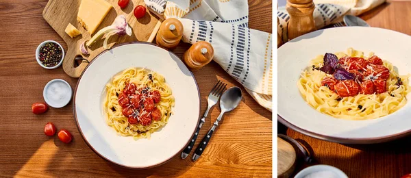 Collage de deliciosa pasta con tomates servidos sobre mesa de madera con cubiertos, servilleta, condimentos e ingredientes a la luz del sol - foto de stock