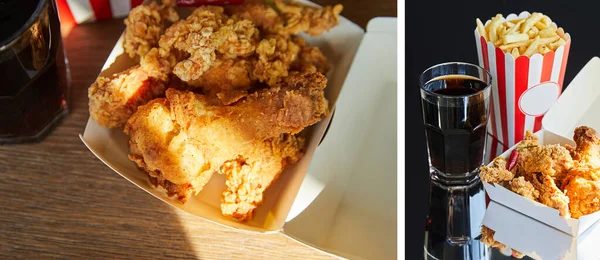 Collage de pollo frito, papas fritas y refrescos en vidrio sobre mesa de madera a la luz del sol - foto de stock