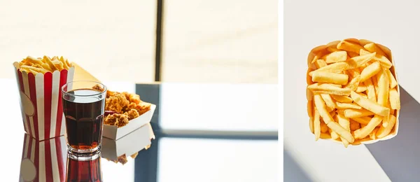 Colagem de frango frito, batatas fritas e refrigerante em vidro na mesa de vidro à luz do sol — Fotografia de Stock