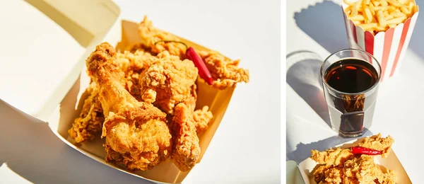 Collage di gustoso e piccante pollo fritto con peperoncino e cibo spazzatura sul tavolo bianco alla luce del sole — Foto stock