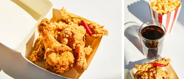 Collage de poulet frit savoureux et épicé avec piment et malbouffe sur table blanche au soleil — Photo de stock